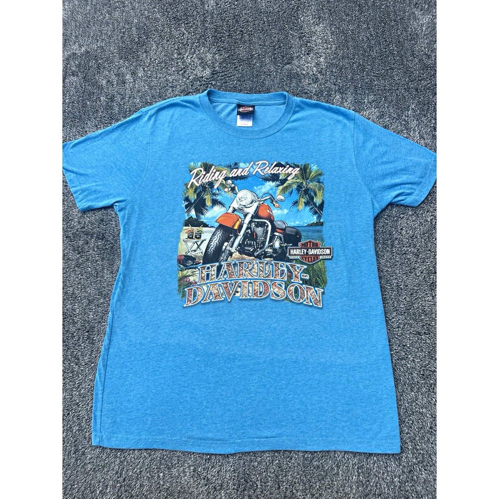 Harley Davidson Jamaica T Shirt Mens XL Blue Motorcycle Biker Tropical Graphic